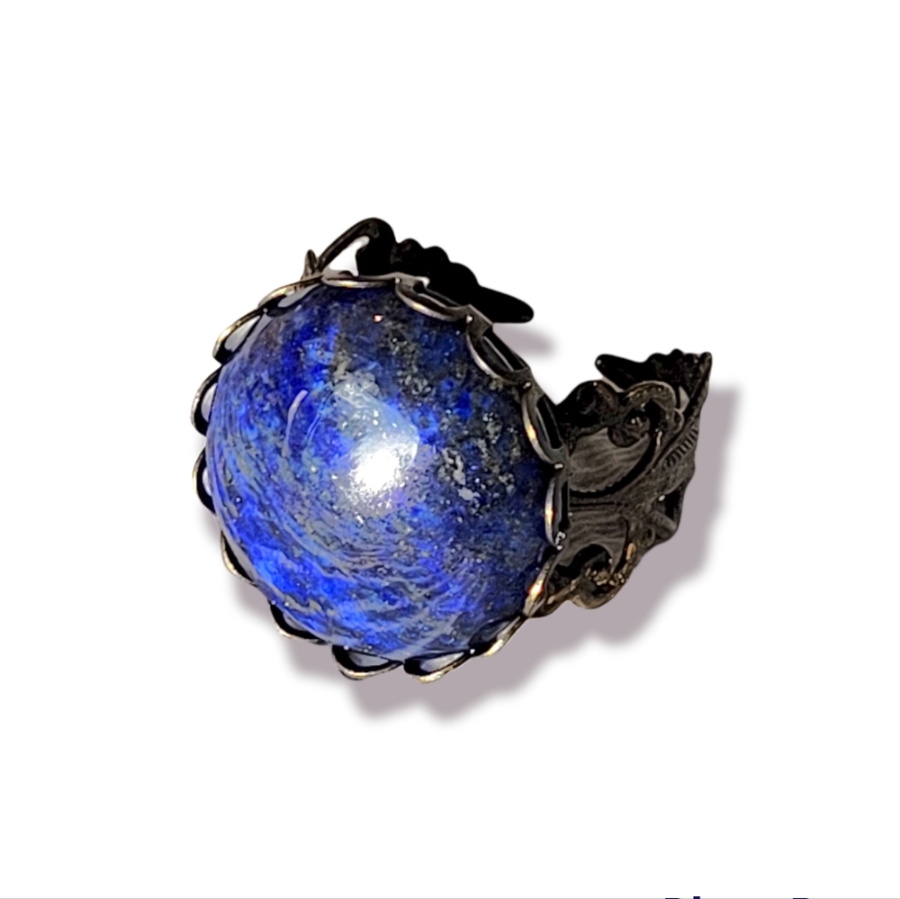 Genuine Lapis Lazuli Semi Precious Natural Stone French Copper Filigree Ring - Picture 6 of 8